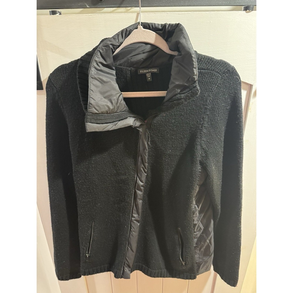 EILEEN FISHER Jacket Medium Merino Wool Sweater Knit Parka Asymmetric Zip Black